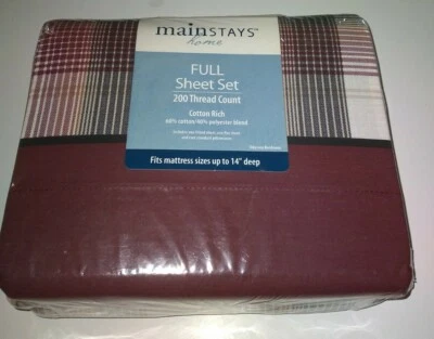 SHEET SET FULL Mainstays 60/40, 200 Thread Ct. Up To 14" Deep Mattress Burgundy  - Image 1 of 4