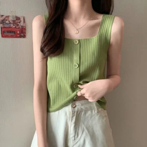 Women's Top Summer Knitted Tank Top Slim Square Neck Underlay Sleeveless Top - Picture 1 of 16