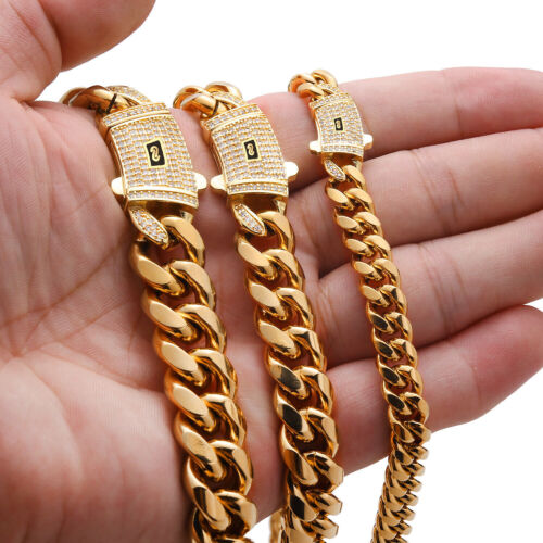 6-14mm Hip Hop Stainless Steel Miami Cuban Link Chain Necklace 18K Gold Plated
