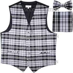 New Vesuvio Napoli Men's plaid Tuxedo Vest Waistcoat_Bowtie & Hankie set Gray - Picture 1 of 4