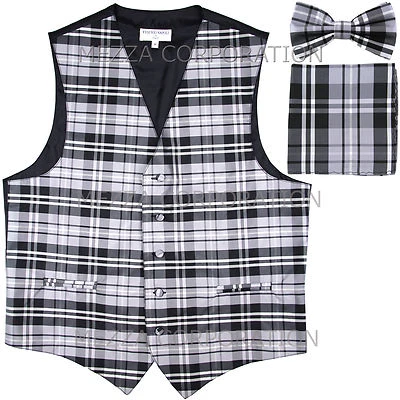 New Vesuvio Napoli Men's plaid Tuxedo Vest Waistcoat_Bowtie & Hankie set Gray - Image 1 of 4