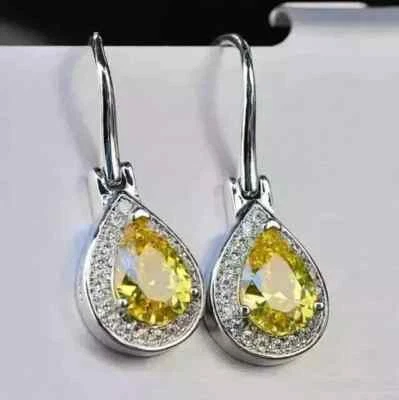 14K White Gold Plated 4Ct Pear Lab-Created Yellow Citrine Drop/Dangle Earrings - Image 1 of 4