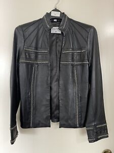 Pamela McCoy Black Leather Jacket with Embossing & Chain Detail | Women’s XS