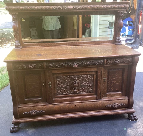Immense Antique Victorian Tiger Oak Mirrored Sideboard With Carved Lions Horner Cover