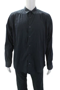 Vince Mens Cotton Blend Collared Short Sleeve Button Up Pocket Shirt Navy Size L - Picture 1 of 8