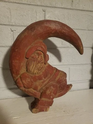 9" Old Santa Claus On Moon Woodcarving - Image 1 of 4