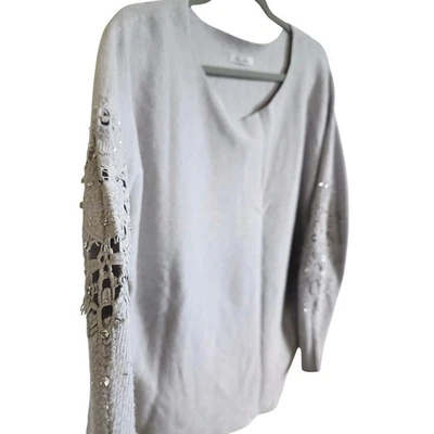 Suéter Vita Milano XL Embellecido Mangas de Encaje Gris Plata Tejido Elegante Top Foto 1 de 4