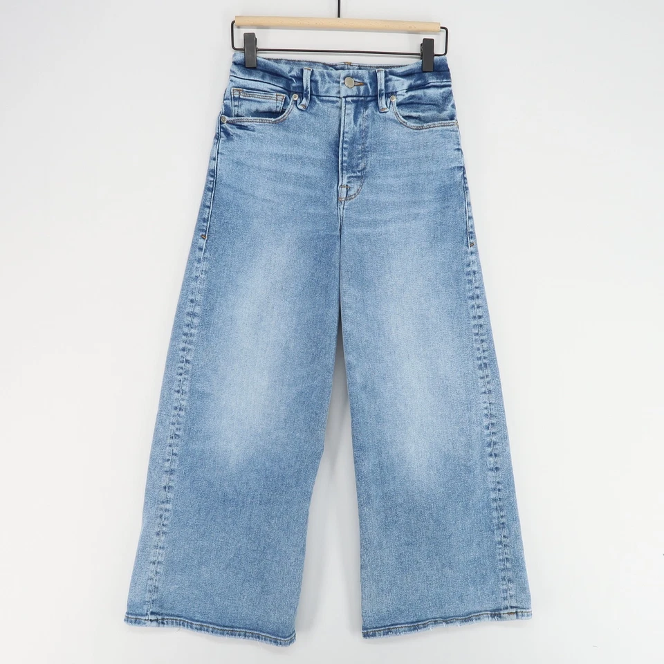 Pantalones de mezclilla Good American Good Waist Palazzo para mujer 4 azules recortados pierna ancha tiro alto Foto 1 de 4