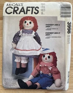 McCalls Pattern 3998 Raggedy Ann & Andy 36" Dolls, Clothes, Child`s Apron & Xfer - Picture 1 of 5