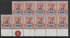SEYCHELLES - 1893 12c on 16c Surcharge (Die I) PLATE BLOCK OF 11 - MM/MNH - Picture 1 of 2