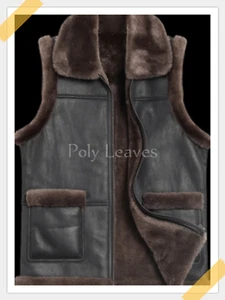 Men's Black Aviator RAF B3 Shearling Fur Bomber Real Sheepskin Leather Fur Vest - Picture 1 of 3
