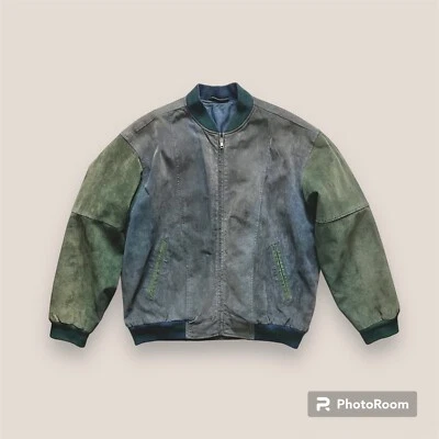 🕶️🛹 Vintage 90s green and blue suede patchwork bomber jacket Size Medium - Image 1 of 4