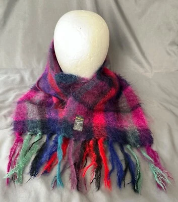 Bufanda Royal Scot Mohair/Lana Tejido Abierto Flecos 74x9” Cuadros Aqua/Púrpura/Rojo+Excelente Foto 1 de 4
