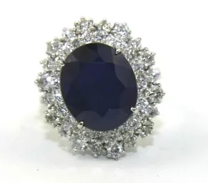 Natural Oval Blue Sapphire & Diamond Halo Solitaire Ring 14k White Gold 8.62Ct - Picture 1 of 7