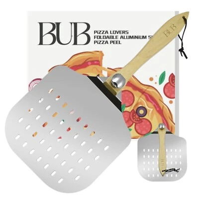 12” Slotted Pizza Peel-Heavy Gauge Aluminium Paddle, Foldable Wooden Handle - Image 1 of 4