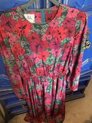Vestido Vintage Malia Largo Audaz Estampado Floral Talla 16 Manga Larga Cremallera Trasera Foto 1 de 3