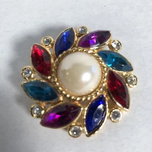 Multicolor Rhinestone Faux Pearl Gold tone Design Style PIN Brooch 1 3/4 In Vtg - Picture 1 of 2