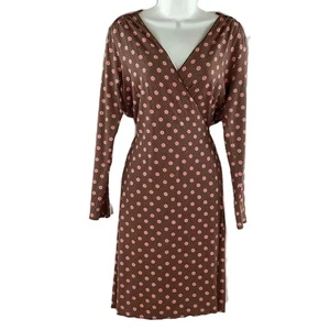 Jackpot Brown Floral Pattern Tie Waist V-Neck Long Sleeved Wrap Dress UK L - Picture 1 of 7