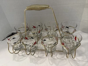 MCM Libbey Set of 8 Equestrian Cocktail Glasses & Carrier RARE Excellent - Picture 1 of 14