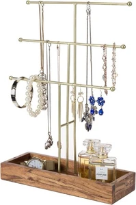 3-stufiger Messing Metall Schmuck Baum Organizer Ständer und Ring Tablett mit massiver Akazie - Bild 1 von 7