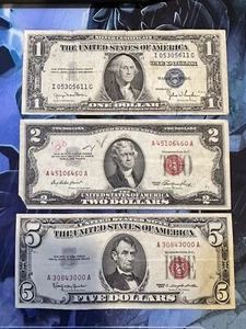 RARE 1935D $1 Bill Blue Seal | 1963  $5 Bill Red Seal & 1953 $2 Bill — 3 Notes - Picture 1 of 8