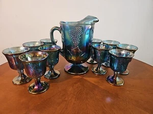 Vintage Indiana Blue Carnival Glass Harvest Grape 10 Goblets and Pitcher Set - Picture 1 of 1