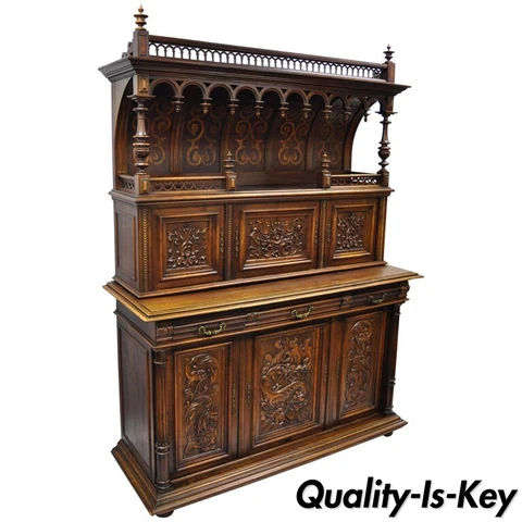 Gothic Renaissance Revival Carved Walnut Dragon Griffin Sideboard Hutch Cabinet Cover
