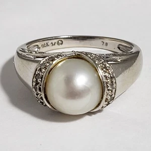 14 Karat White Gold Pearl And Diamond Ring - Picture 1 of 11