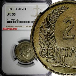Peru Kupfer-Nickel 1941 20 Centavos NGC AU55 besseres Datum KM# 215,2 (057) - Bild 1 von 4