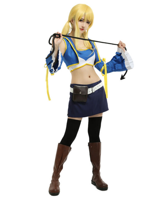 Fairy Tail Season 4 Lucy Heartfilia Dress Cosplay Costume Full Set in Stock  dress Sexy Low Back girls White Skirt