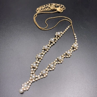 Claires Faux Pearl Clear Rhinestone Y Drop Necklace Elegant Formal Gold Tone  - Image 1 of 4