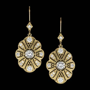 1.5ct NATURAL DIAMOND DANGLE EARRINGS VINTAGE STYLE DROP 14k YELLOW GOLD SCALLOP - Picture 1 of 1