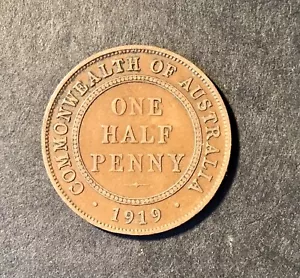 1919 Australian Predecimal Coin. KGV (1/2) Half Penny. x 1 Coin Ungraded - Picture 1 of 5