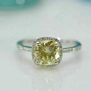 2Ct Cushion Lab-Created Canary Yellow Diamond Wedding Ring 14K White Gold Plated - Picture 1 of 5