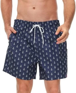 Navy White Anchor Men 5" Swimming Trunks Quick Dry w/ Mesh Lining - Picture 1 of 6
