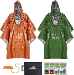 4 Pack Emergency Rain Poncho Waterproof Thermal Mylar Blanket for Camping Hiking - Picture 1 of 7