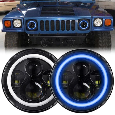 2 x 7 дюймов светодиодные фары синий янтарь Halo Angel глаза DRL фары для Hummer H1 H2 - Изображение 1 из 4
