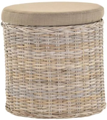 Rattan Wäschekorb -Truhe gepolsterter Sitz Wäschesammler (Natur-Grau, Rund) - Bild 1 von 4