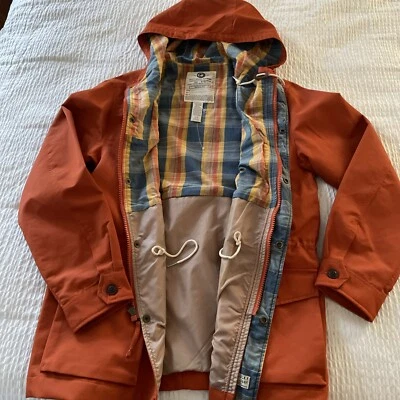 Lucky Brand Womens Large Orange Military Hooded Jacket Full Zip Snap Plaid Lined - Image 1 of 4