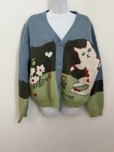 Cárdigan de sidra para mujer XL gato flores boho gato dama azul verde abotonado - Imagen 1 de 6