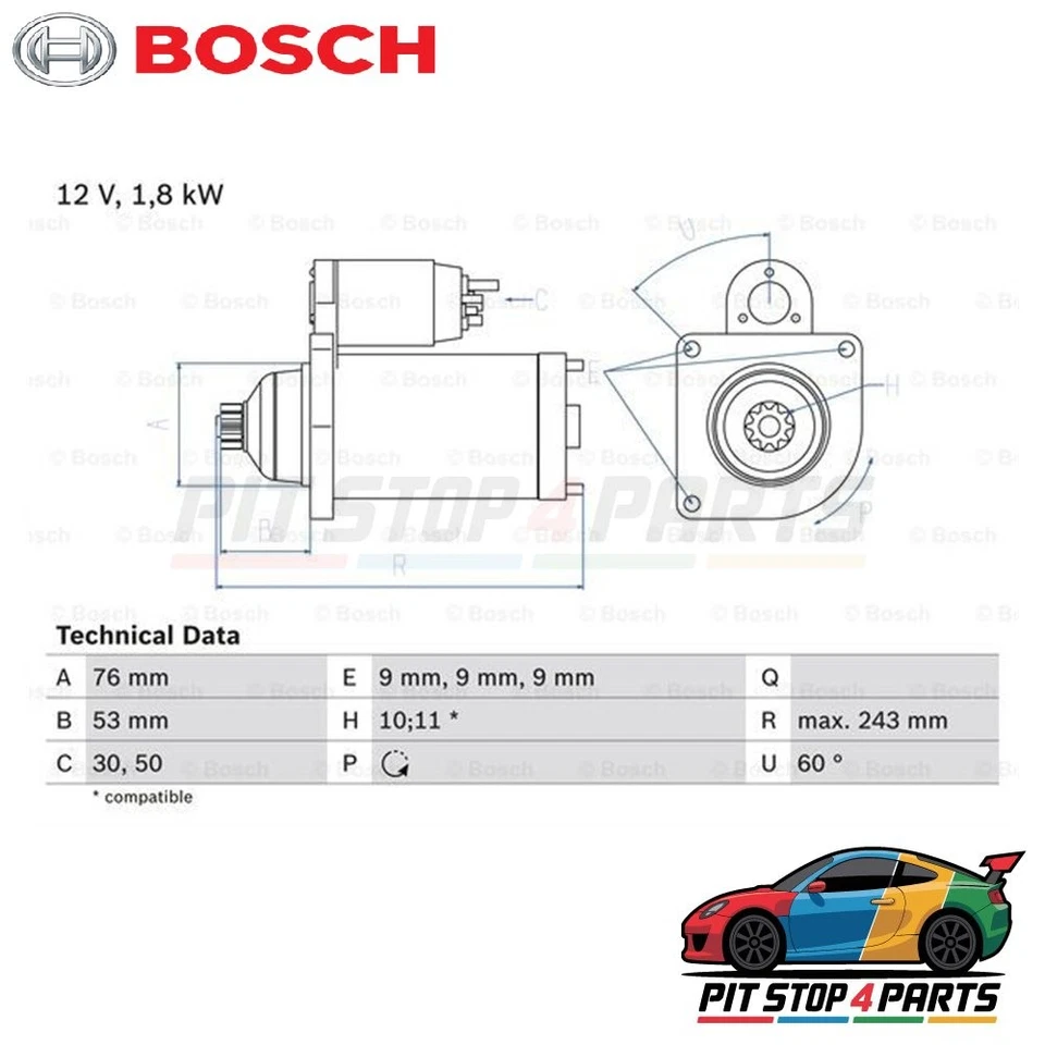 Bosch 0986016990 Starter Fits Toyota Auris 2015-2018 02B911023D 02B911023DX - Image 1 of 1