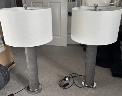 Pair Of Quality Safavieh Leather Column Large Shade Table Lamps - (H) 73cm - Image 1 of 4