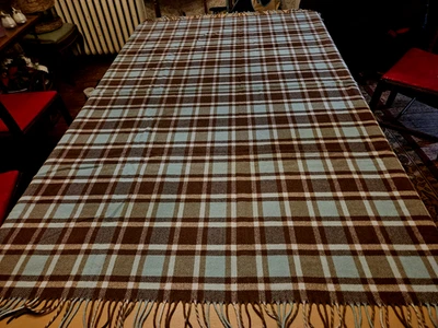 VTG Pendleton Fringe Wool Blanket Plaid Brown Turquoise / Aqua 70" x 53" - Image 1 of 4