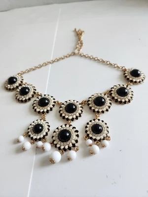 Statement Necklace 16-18" Goldtone Crystals  White Black Off White - Image 1 of 4