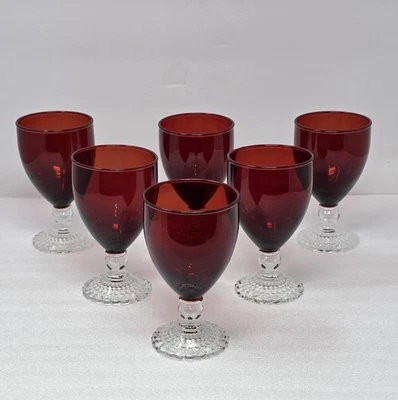 6 Vintage Anchor Hocking 5-1/2" Bubble Foot Ruby Glass Water Goblets - Image 1 of 4