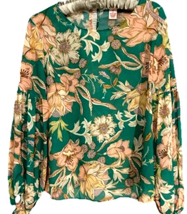 Flying Tomato Top M Pretty Green Floral Print Silky Boho Blouse Popover Shirt - Picture 1 of 6