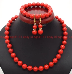 Natural 10mm Coral Red Round Beads Necklace Bracelet Earrings Set 18'' 7.5" - Picture 1 of 12