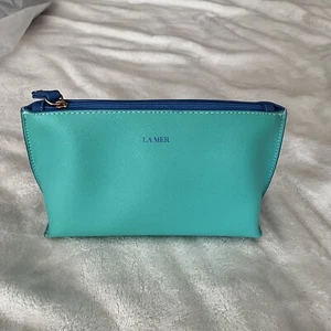 La Mer Aquamarine Turquoise & Blue Zip Top Close Makeup Bag NWOT Faux Leather - Picture 1 of 7