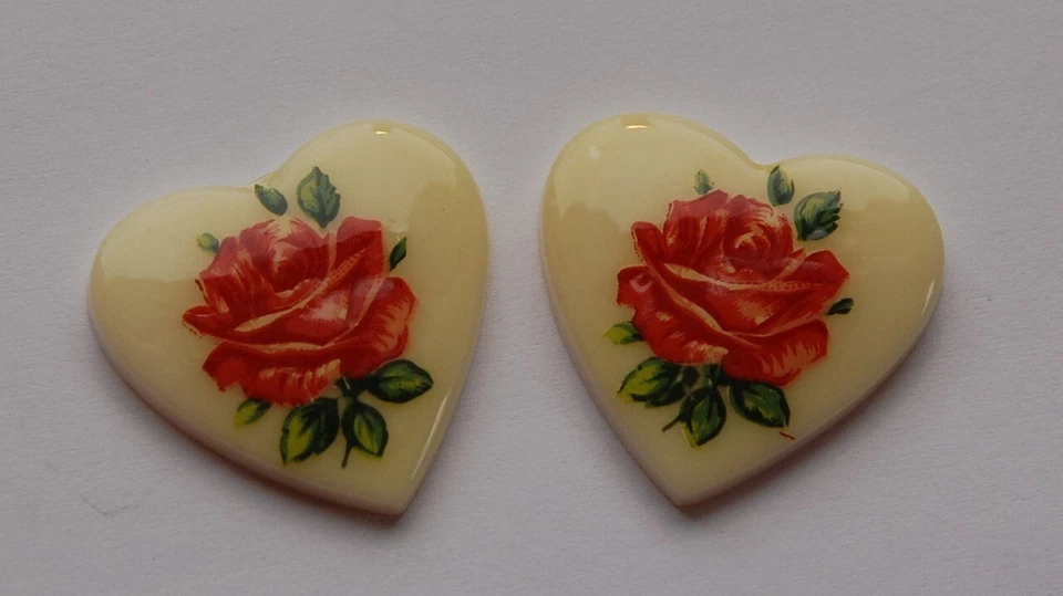 Cabujones corazón vidrio floral rosa roja vintage Japón 25 mm (2) cabina609 Foto 1 de 1