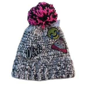 Childrens Winter Hat Black Beanie Girls Sz S/M Pom Emoji Patch Cable Knit 4-7 YR - Picture 1 of 2
